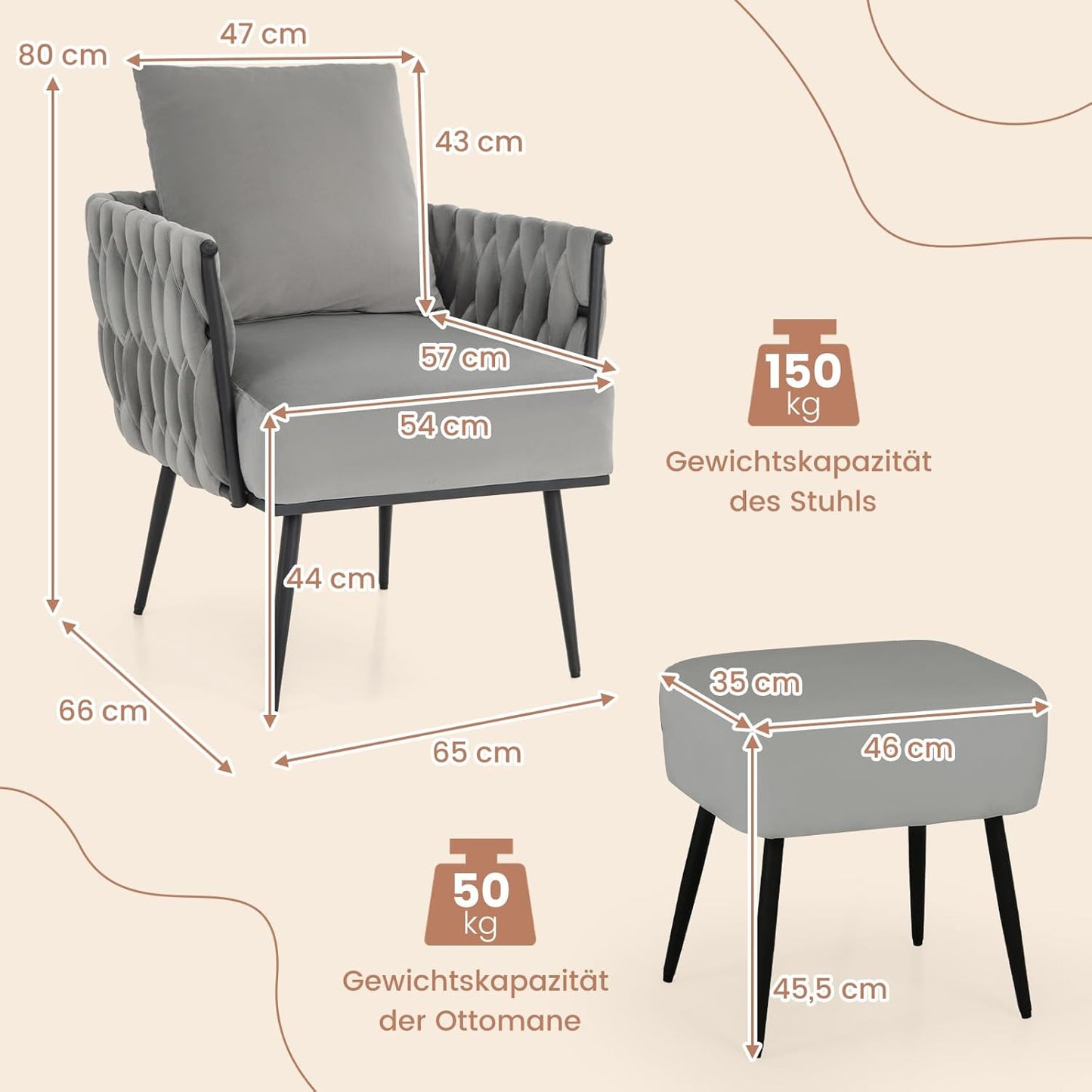 Fauteuil – Relaxstoel – Leesstoel – Loungefauteuil – Tv-stoel – Grijs Velours – Met Hocker – Ergonomische Halfronde Rugleuning