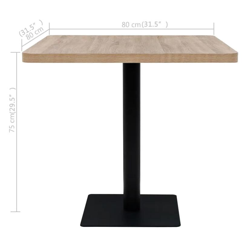 Bistrotic MDF and steel square 80x80x75cm oak look This bistro-style table is stylish and will be the focal point of your decor. It can also be used as a dining table. Practical and durable, it cleans easily with a damp cloth