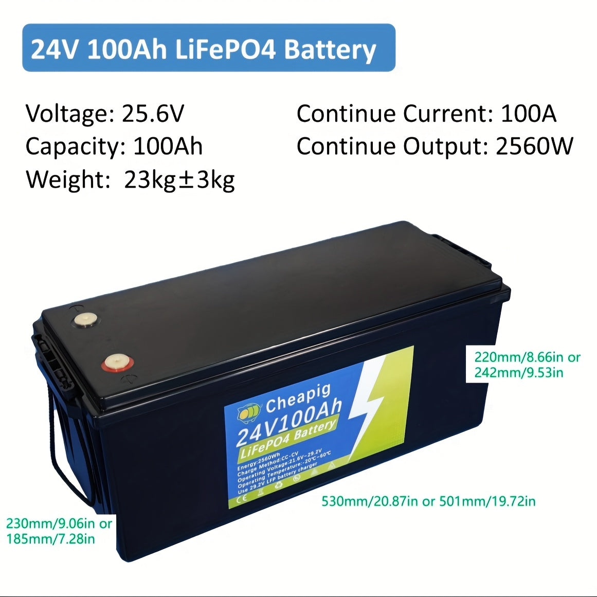 Lithium Accu – LiFePO4 Batterij – Zonne-energie Accu – Bootaccu – Marine Accu – 24V 100Ah – 100A BMS Bescherming – Lichtgewicht Prismatic Design