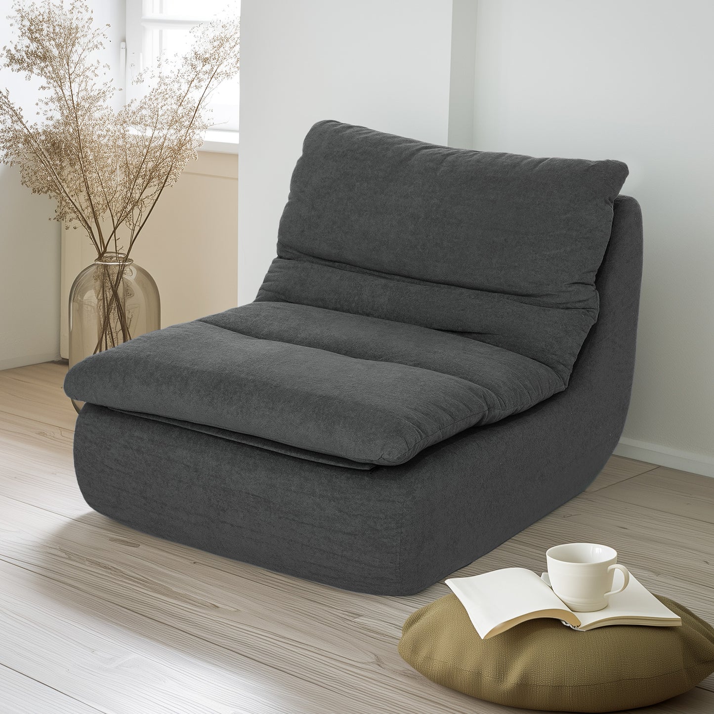 Schuim Loungestoel – Vloerstoel – Relaxzetel – Loungechair – Zitzak – Lichtgewicht & Hoogwaardige Schuimvulling – Elektriciteitvrij & Compact Grijs