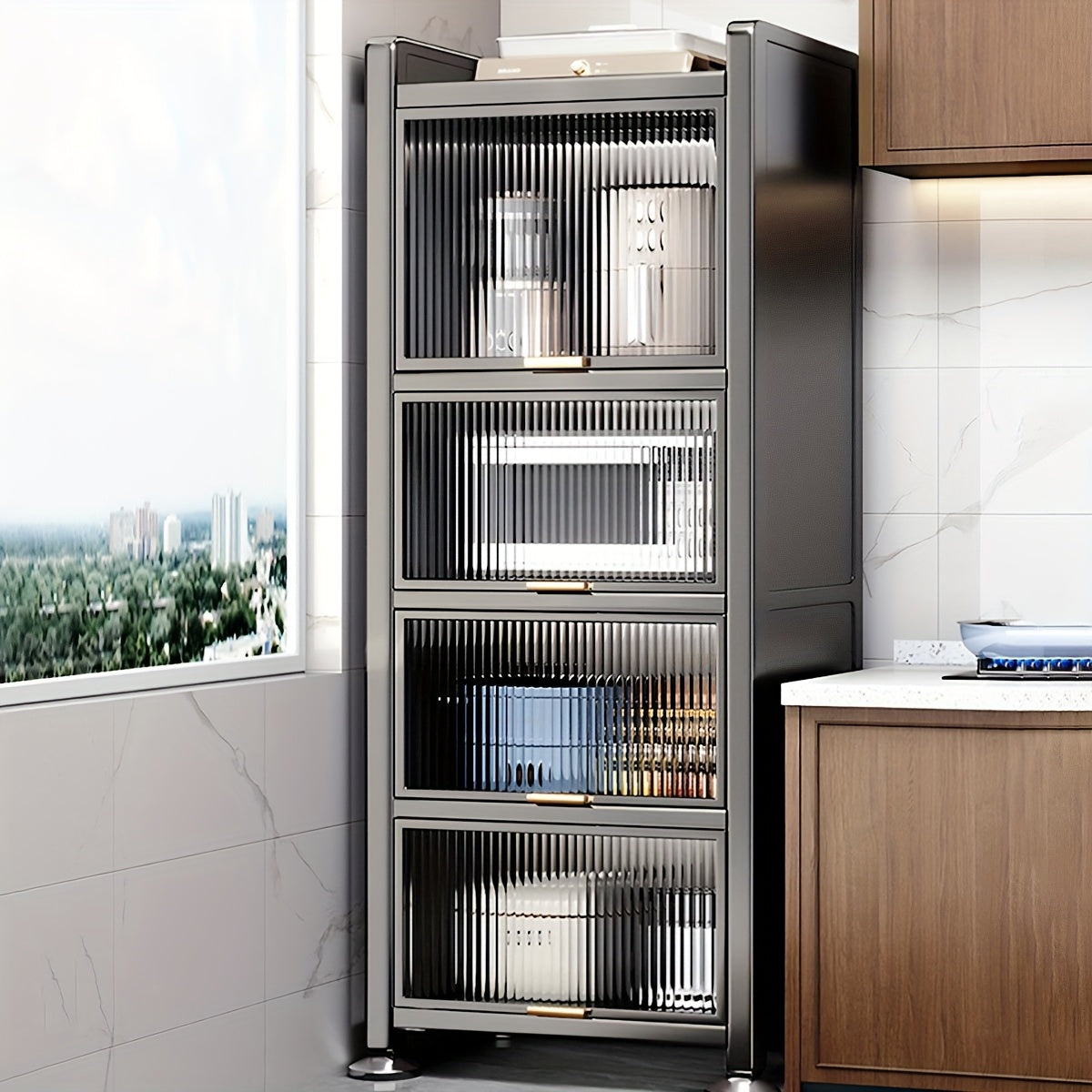 Mobiele Keukenkast – Keukenwagen – Opbergkast – Magnetronstandaard – Rek met Kanteldeuren – Stevig Carbon Stalen Frame – Ruimtebesparend Ontwerp – 50x36x154 cm