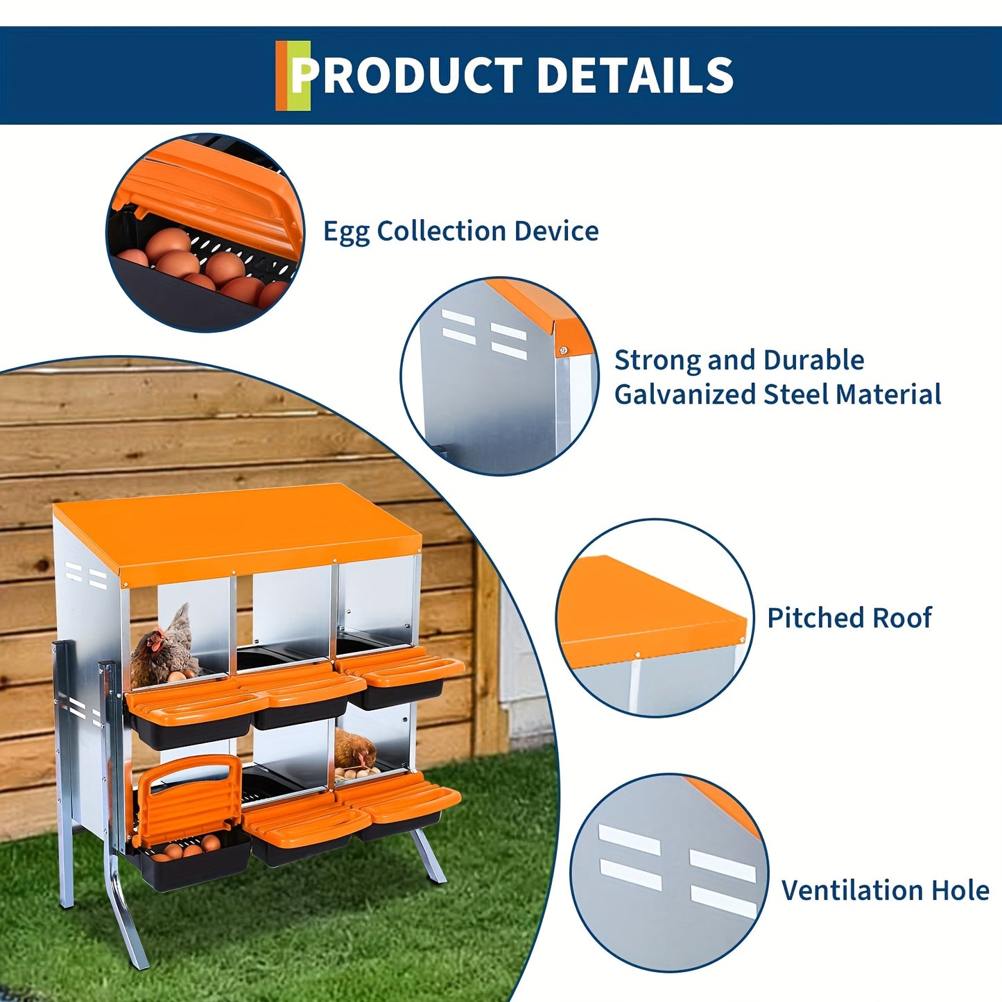 Kippenhok Nestkastje – Kippenren Legnest – Nestbox Kippen – Legbak Nestkast – 6 Gaten – Metalen Constructie – Eenvoudig Schoon Te Maken – Uitneembare Tray