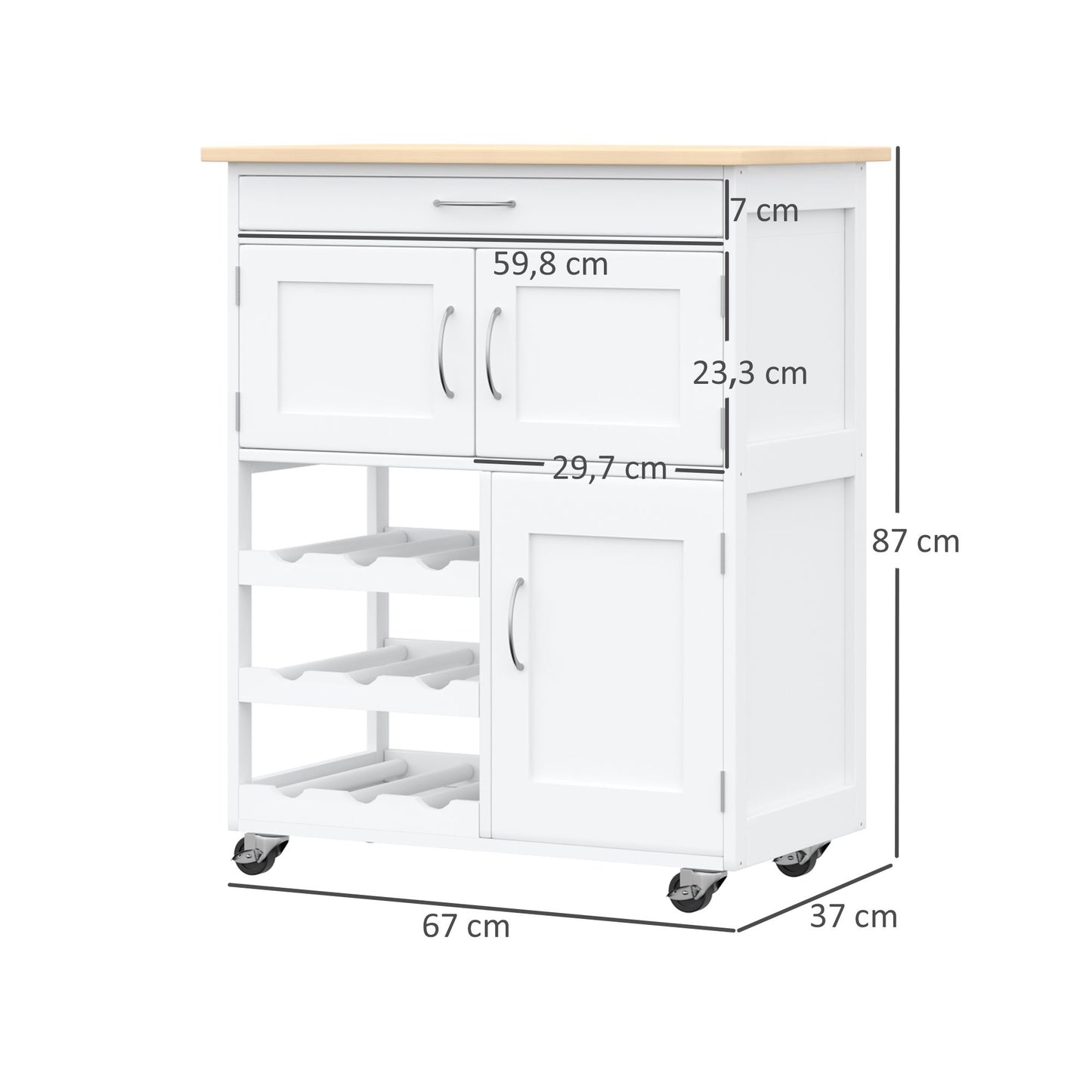 Keukenkast – Dressoir – Opbergkast – Buffetkast – Kast met Lade – MDF Wit – Rubberen Houten Blad – 2 Kastdeuren – 9 Flessenrek