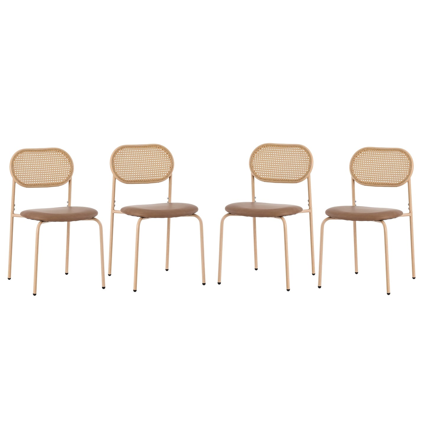 Set of 4 Modern Minimalist Brown Dining Chairs with Black Metal Legs & Wipe-Clean Cushioned Seats - Sturdy Metal Frame, Rattan Backrest & Armless Design for Kitchen, Living Room, Bedroom - Easy-Clean Surface, Hard Floor Compa