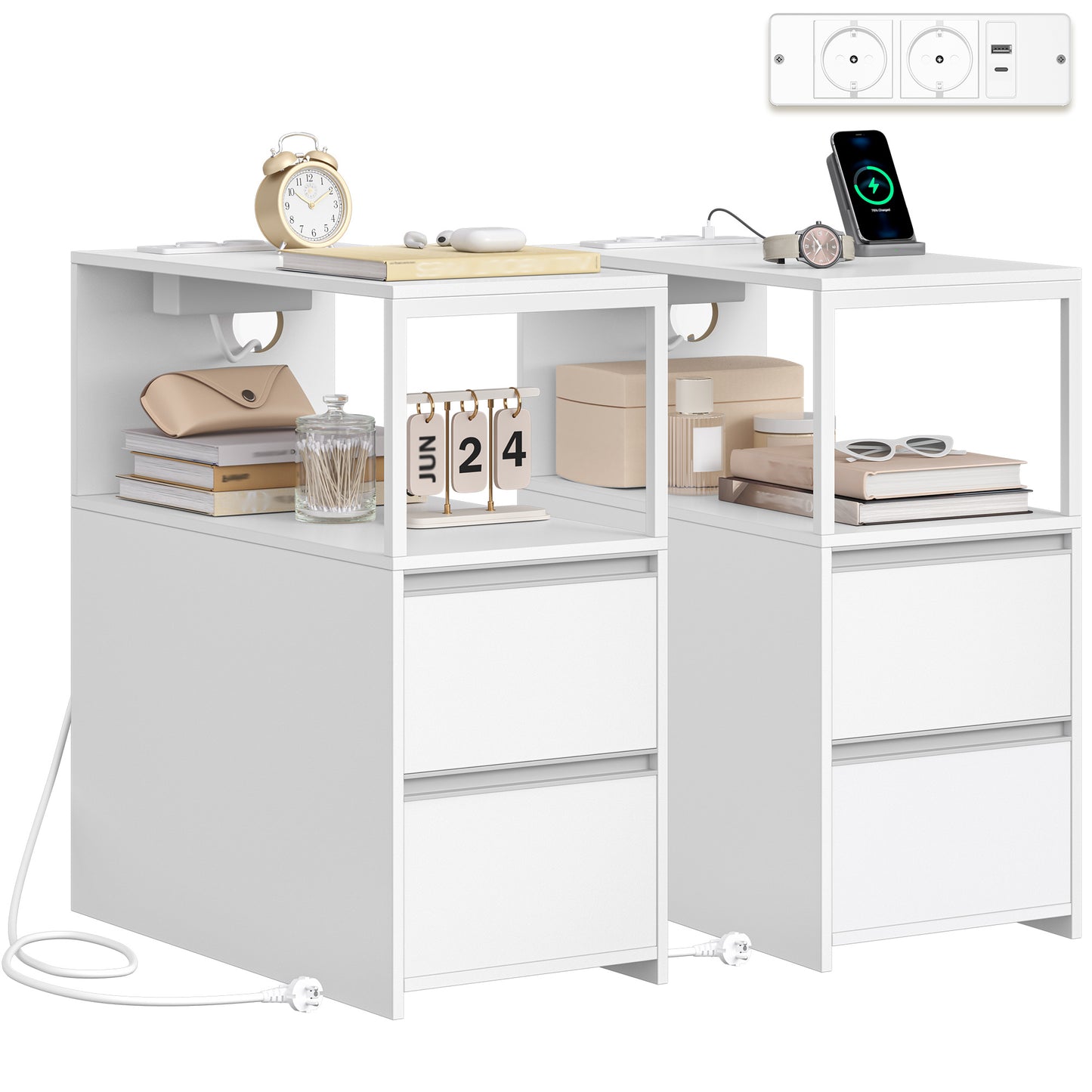 Kleine Bijzettafels – Nachtkastje – Salontafel – Opbergmeubel – Smalle Tafels – Set van 2 Wit – Compact en Ruimtebesparend – Met 2 Lades en Open Vak