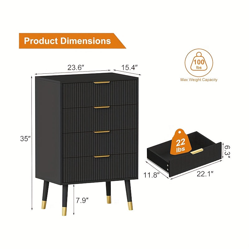 White Bohemian Dresser with Golden-Toned Legs & 4-Drawer Fluted Cabinet - Modern Small Chest of Drawers, ≥68.58cm Height, ≥3.2 Cu Ft Storage, Assembly Required for Bedroom,W Office - Versatile Furniture Organizer, Dresser