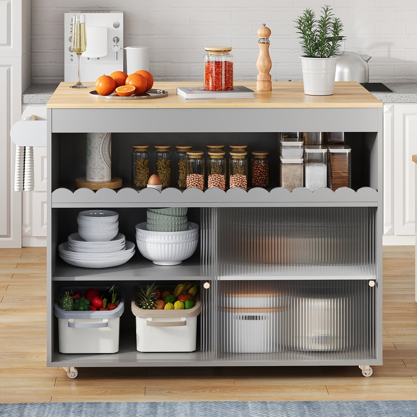 Keukeneiland – Keukentrolley – Buffetkast – Sideboard – Opbergkast – Grijs – Schuifdeur en Mobiel op Wieltjes – Ruime Opbergruimte met Open Vakken
