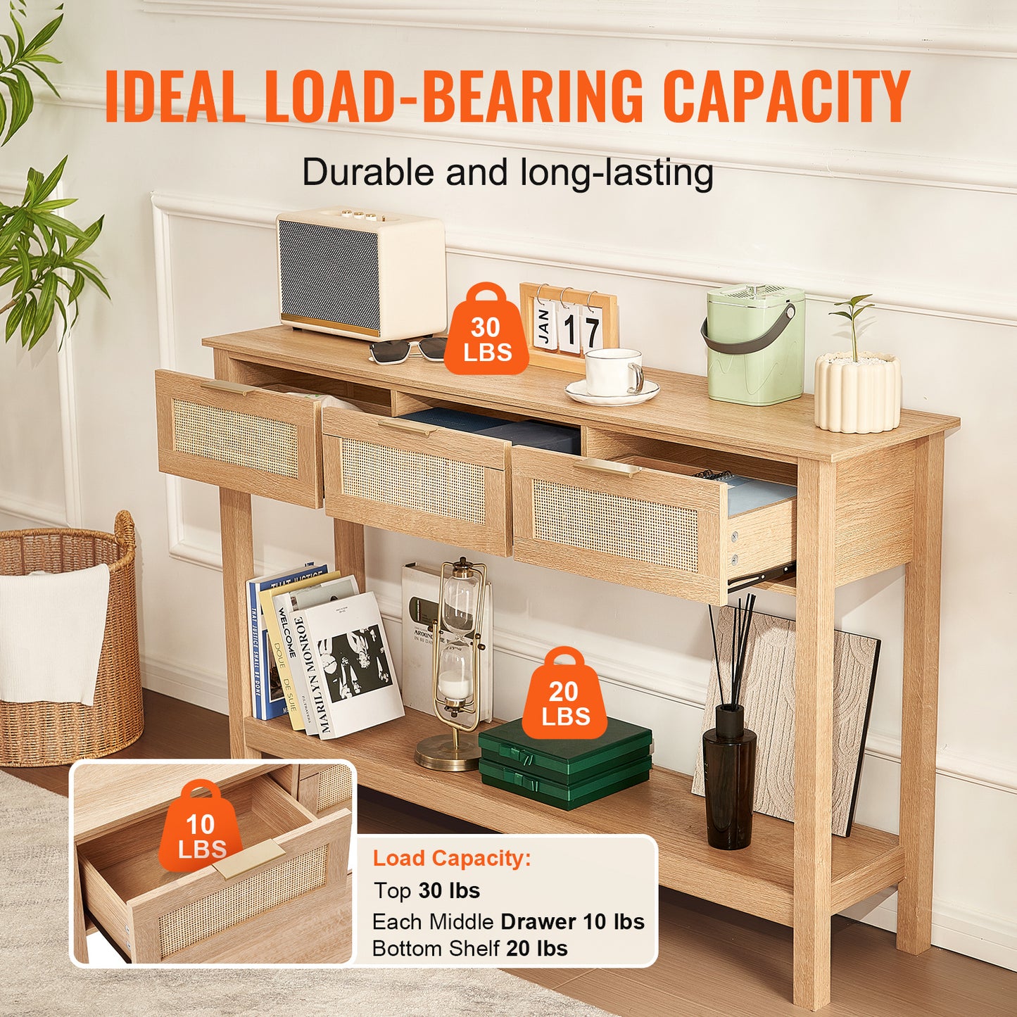 Rieten Sidetable – Rieten Tafel – Opbergtafel – Bijzettafel – Wandtafel – Natuurlijk Riet – 3 Lades – Eenvoudige Montage