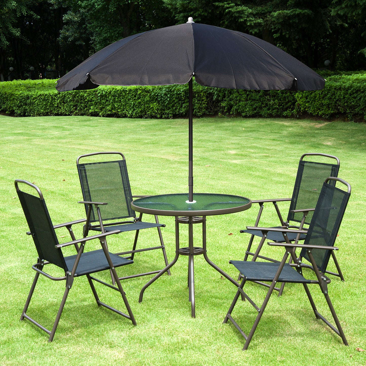 Tuinset – Bistro Set – Loungeset – Tuinmeubel – Balkonset – Zwart – 6-Delig Met Parasol – Epoxy Staal En Textilene – Geharde Glazen Tafelblad