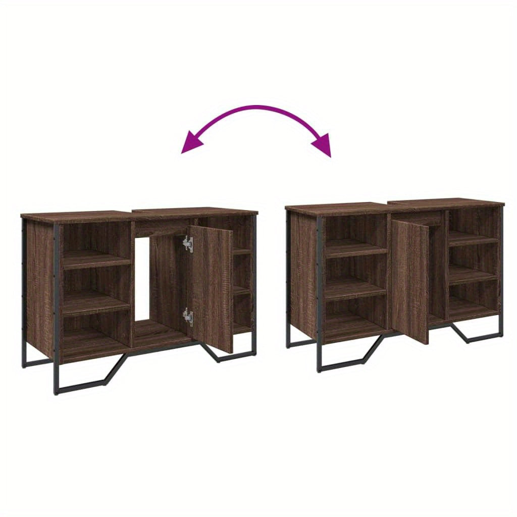 Modern Brown Oak Bathroom Sink Cabinet - Engineered Wood Storage with Towel Rack & Hooks, 91x35x60cm, Perfect for Washroom Organization, Bathroom Organizers And Storage