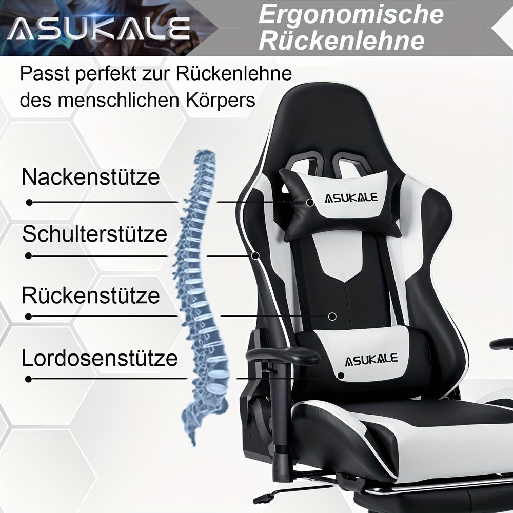 Gamingstoel – Gamestoel – Gaming Chair – Bureaustoel – Game Stoel – Ergonomisch Met Voetensteun – Verstelbare Hoogte En Lendensteun – PU Kunstleer Met 5-Wiel Onderstel – Grijs