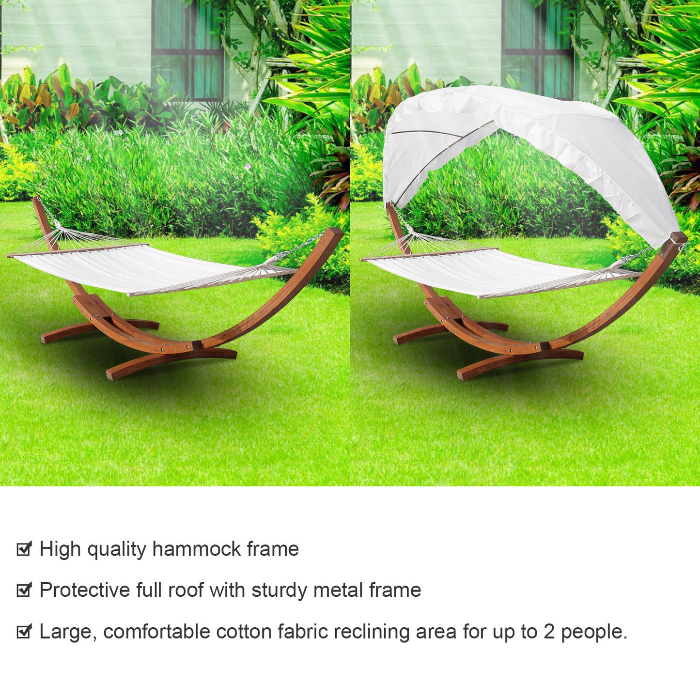 Dubbele Hangmat – Hangmat Met Frame – Tuinhangmat – Tuinmeubel – Larikshouten Frame – Zonnedak – 200 Kg Draagkracht