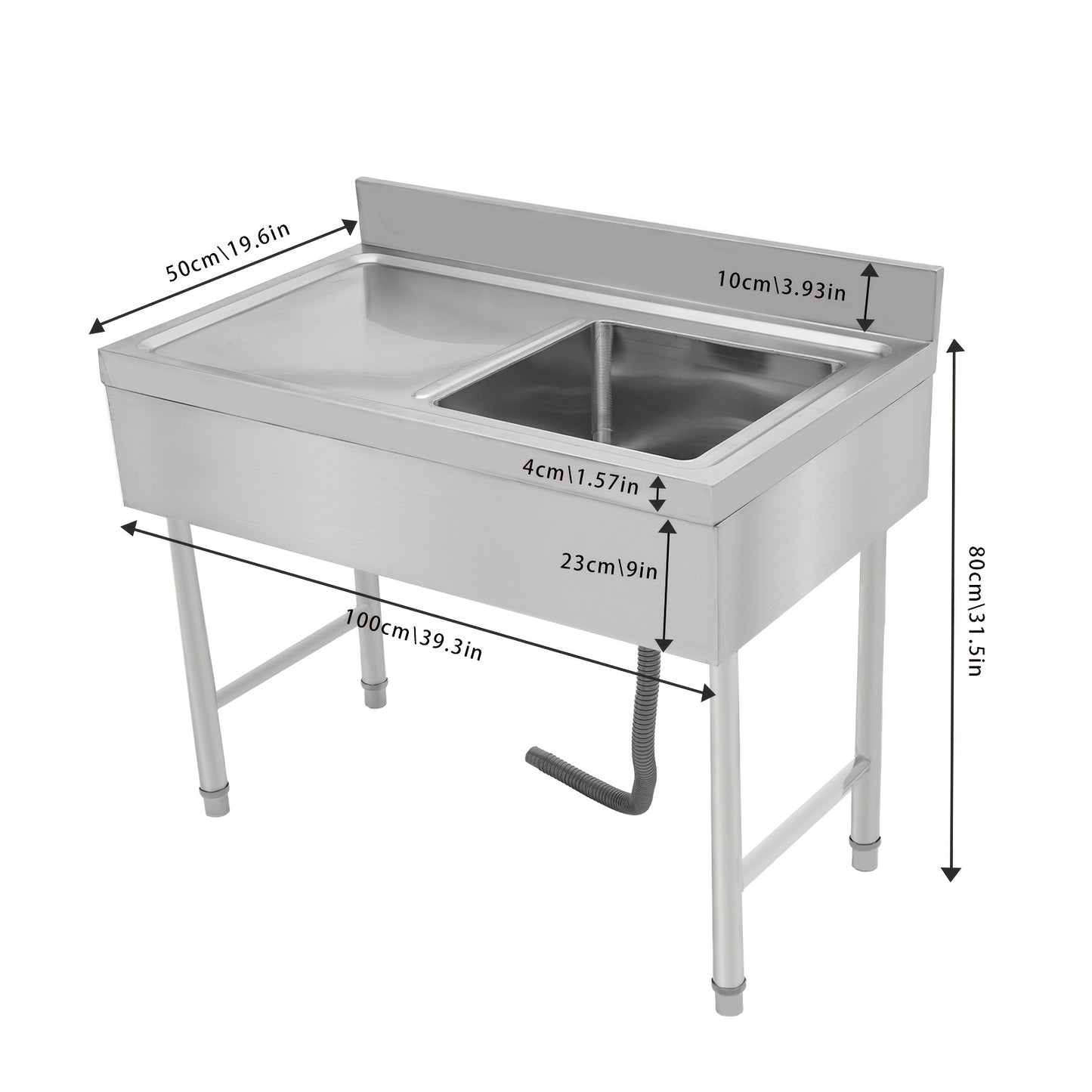 Vrijstaande RVS Spoeltafel – Keukentafel – Werktafel – Industriële Wasbak – Spoelbak – Roestvrij Staal – Verstelbare Poten – Ingebouwde Afvoer 11 cm