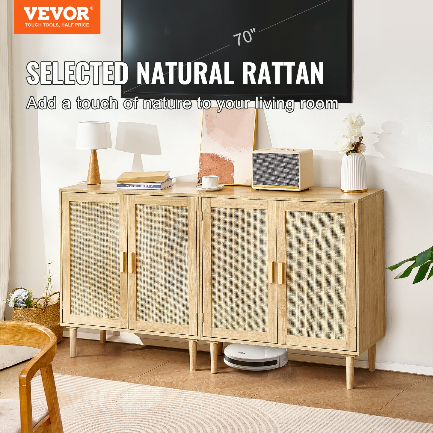 VEVOR Rattan Cabinet with 4 Magnetic Doors & Adjustable Shelves Set of 2 Natural