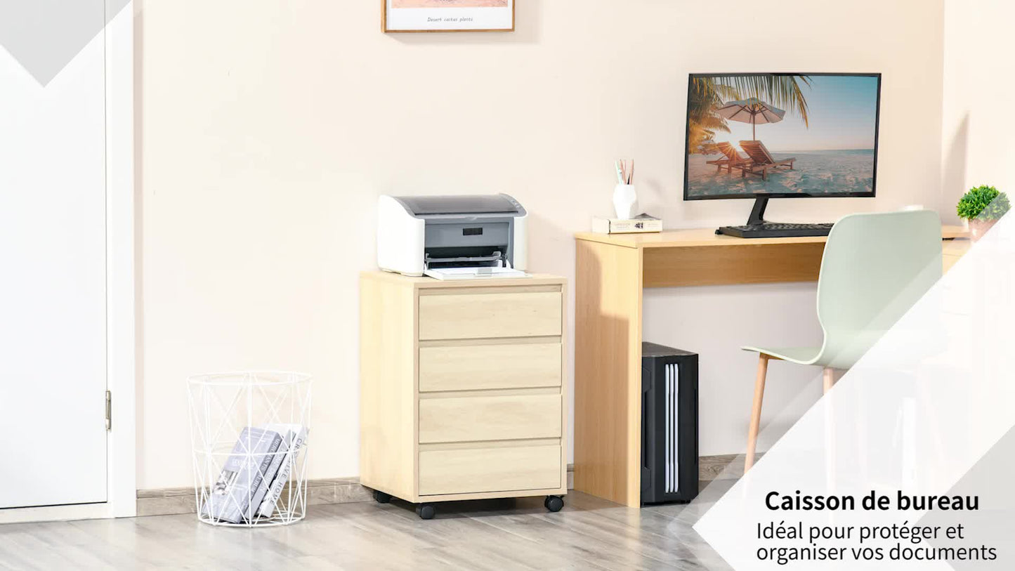 Ladekast op Wieltjes – Opbergkast – Bureaukast – Ladenblok – Kantoorkast – Natuurlijk Houtdecor – 4 Schuifladen – Wieltjes met Rem