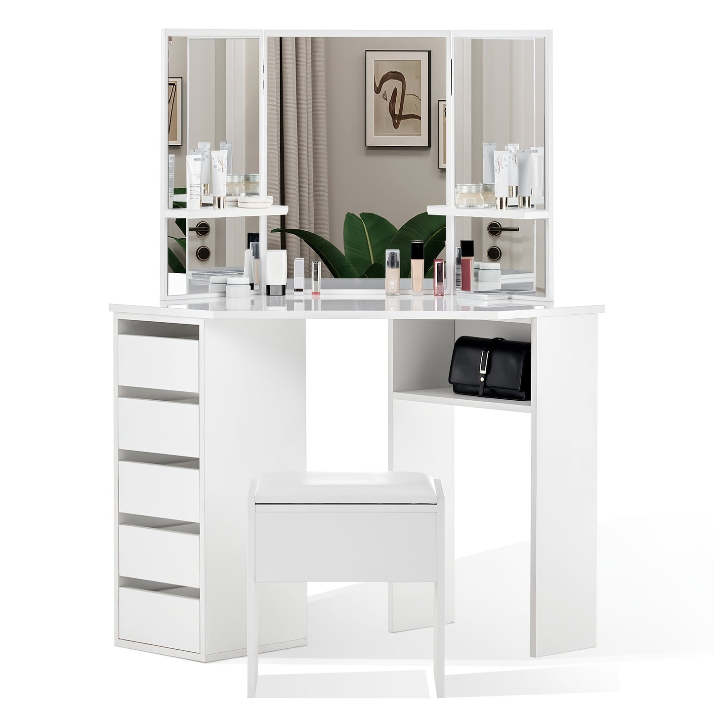 Hoek Make-uptafel – Make-uptafel – Kaptafel – Schminktafel – Toillet tafel – Wit Design – 5 Lades & 3 Spiegels – Inclusief Kruk