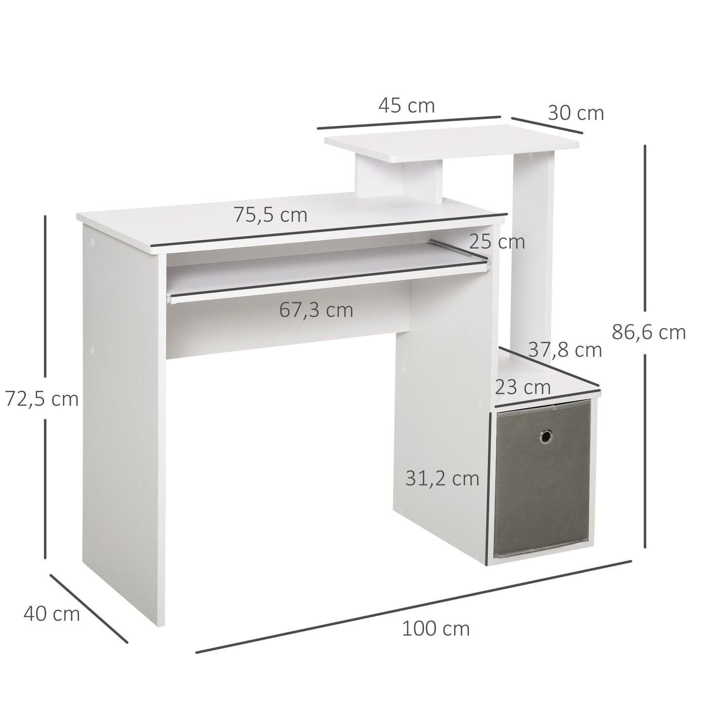 Computerbureau – Bureau – Werkplektafel – Bureau met Opbergruimte – Bureau met Toetsenbordlade – Compact 100x40x86,6 cm – Melamine Afwerking Wit-Grijs