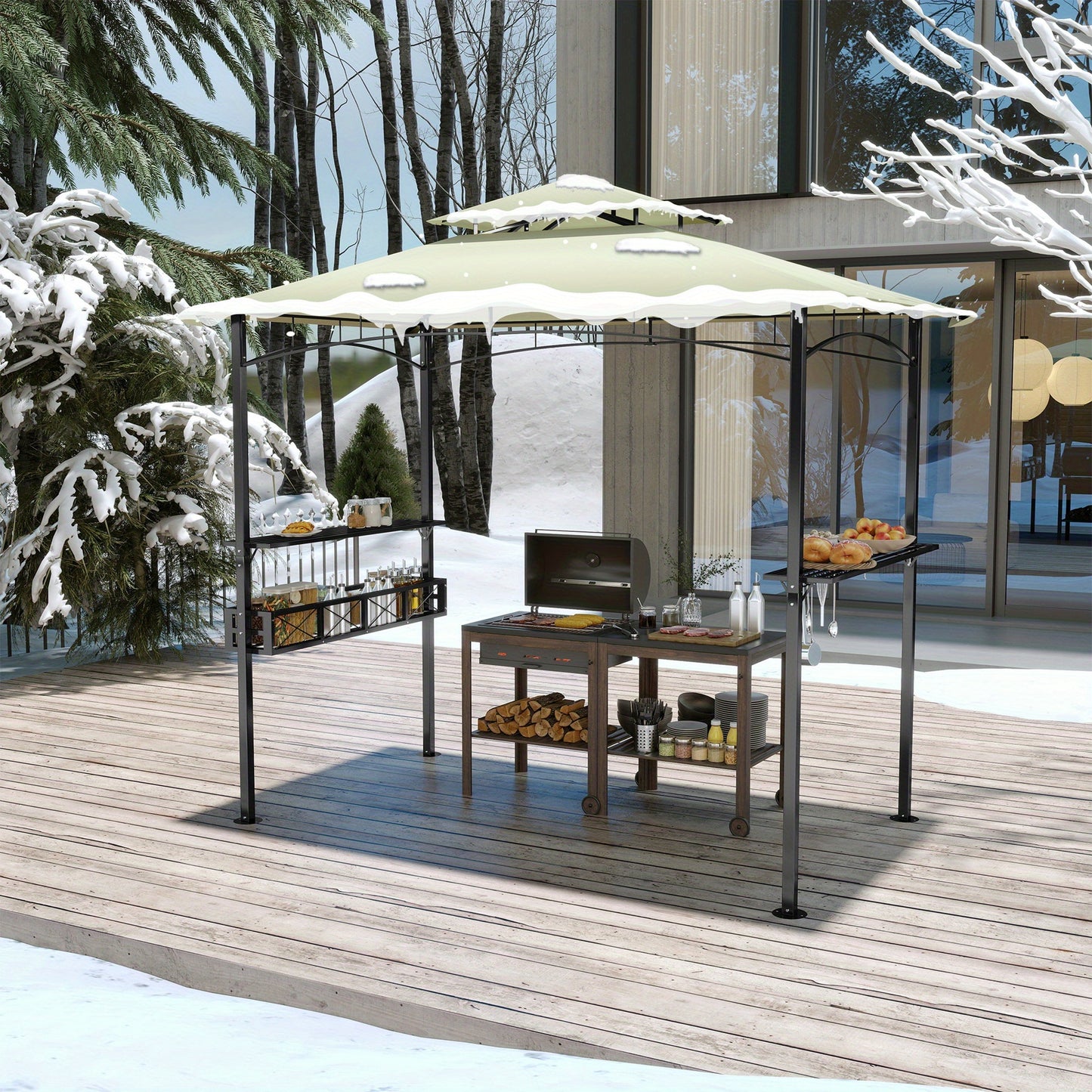 Barbecueoverkapping – Grillpaviljoen – BBQ Shelter – Terrasoverkapping – Barbecuetent – Beige Polyester – Met Dubbel Dak en Metalen Frame – Inclusief Zijplanken en Opbergmand met Haken