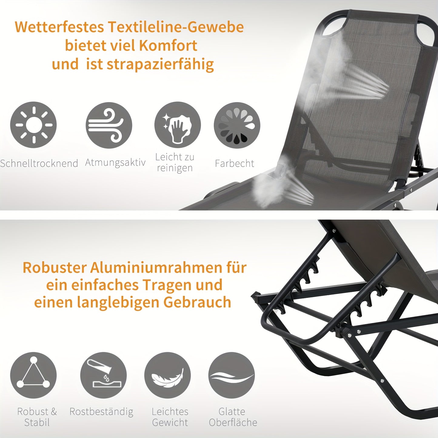 Vouwstoel – Ligstoel – Tuinstoel – Strandstoel – Buitenstoel – Aluminium Frame – 5 Verstelbare Secties – Grijs Zwart – 163x58,5x91 cm