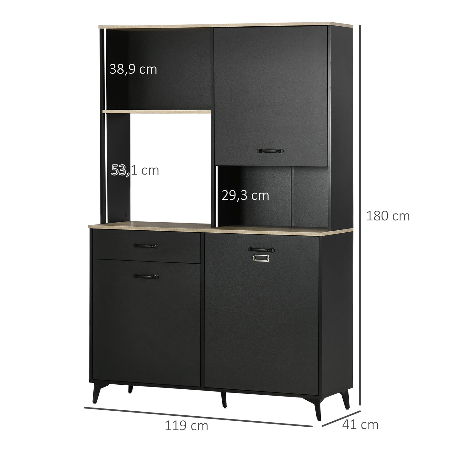 HOMCOM Kitchen Buffet Kitchen Cabinet Dining Room Buffet 3 Open Niches 3 Cupboards with Door And 1 Drawer 119 X 41 X 180 Cm Black