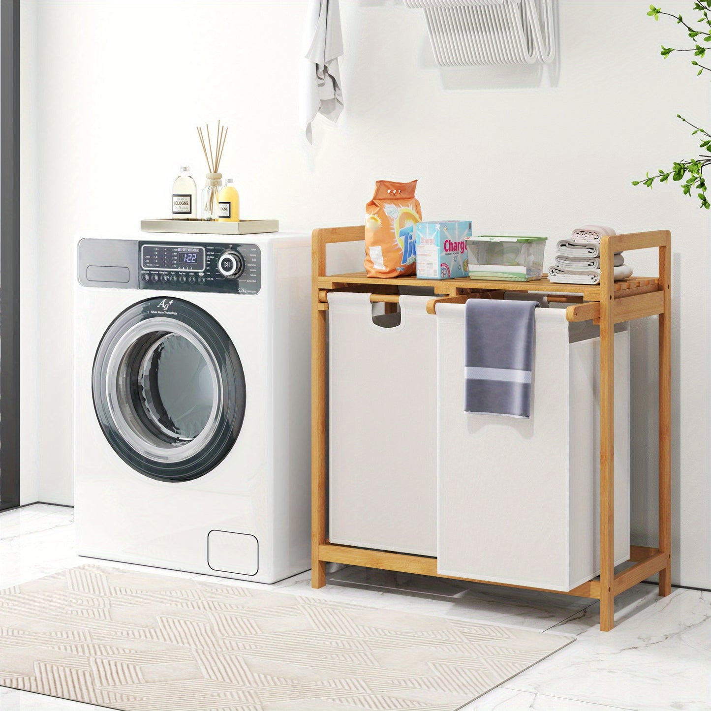 Wasmand – Wasbak – Wasmand Met Vak – Wascontainer – Waskrat – 3 Compartimenten – Bamboe Met Plank – Afneembare Waszakken