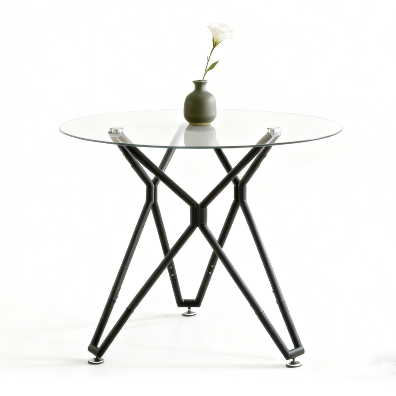 Ronde Eettafel – Eettafel Glas – Tafel Klein – Ronde Tafel – Keukentafel Zwart Metaal – 90 cm Diameter – Gehard Glasblad – Stevig Metalen Onderstel