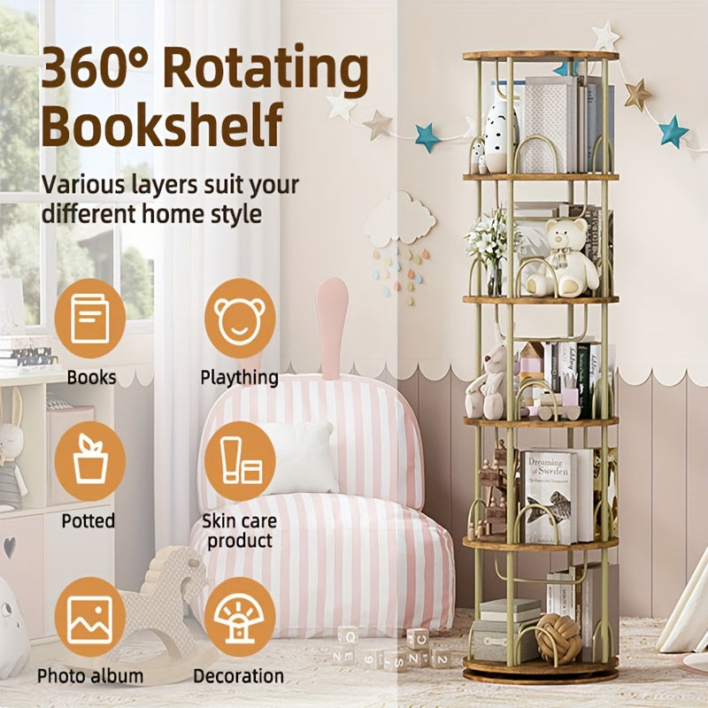 Draaibare Boekenplank – Ronde Boekenkast – Boekenrek – 360 Graden Draaisysteem – Opbergrek – 5 Vakken – Compact Design – Hout-Metalen Constructie – Bruin