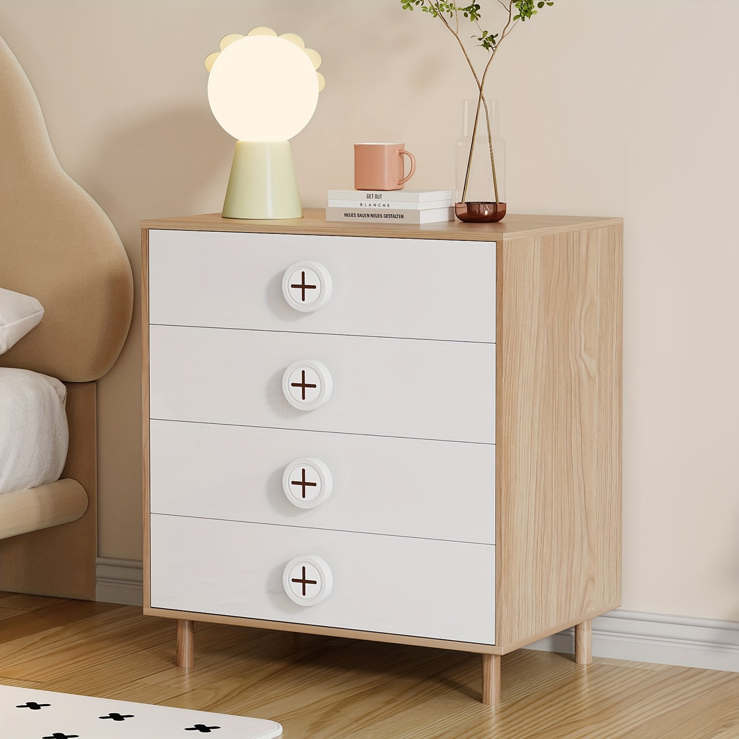 White Modern Nightstand with 4-Drawer & Locker Storage - Sturdy Metal Frame & Chipboard Construction, Space-Saving Bedside Cabinet with Open Shelf, Easy Assembly, 31.5" Height, 80x54x90cm, Ideal for Bedroom, 'oom, Small Space