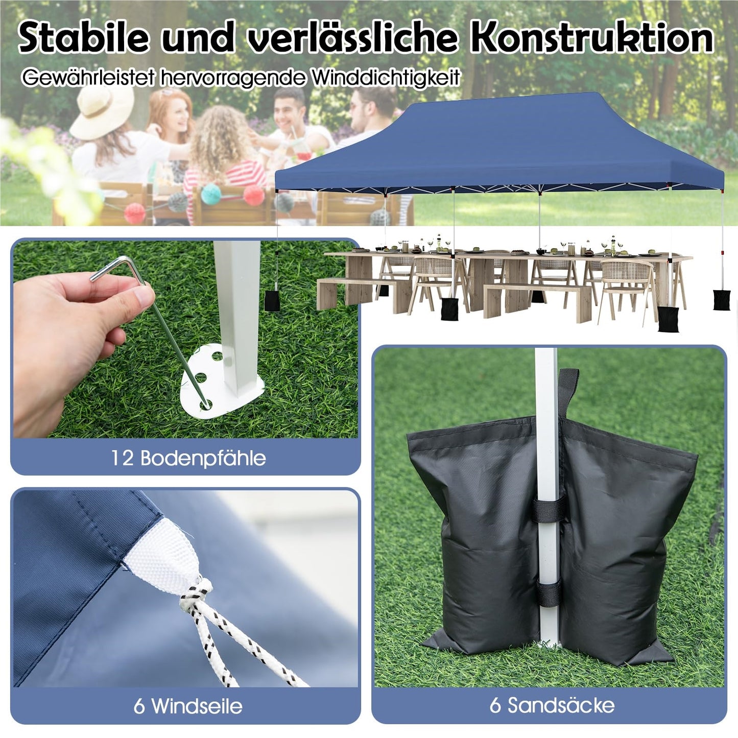 Opvouwbare Partytent – Vouwtent – Tent – Paviljoen – Tuinpaviljoen – Waterbestendig – UV Bescherming 50+ – 3x6m – Hoogte Verstelbaar – Blauw