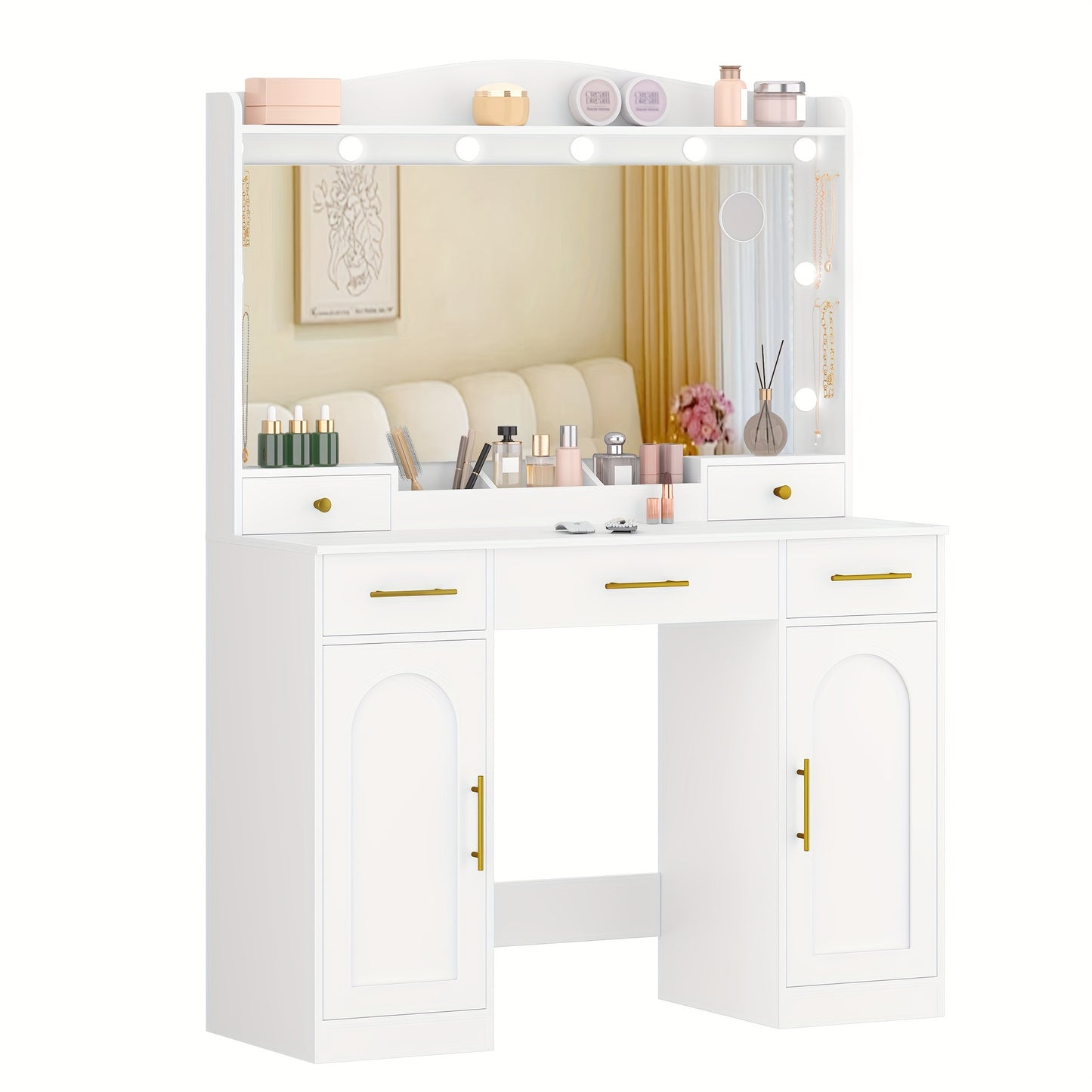 Kaptafel – Make-up tafel – Schminktisch – Dressing Table – Toilettafel – Met HD Spiegel – 3 Kleuren LED Verlichting – 5 Lades & 2 Opbergkasten – Wit – 40x108x149 cm