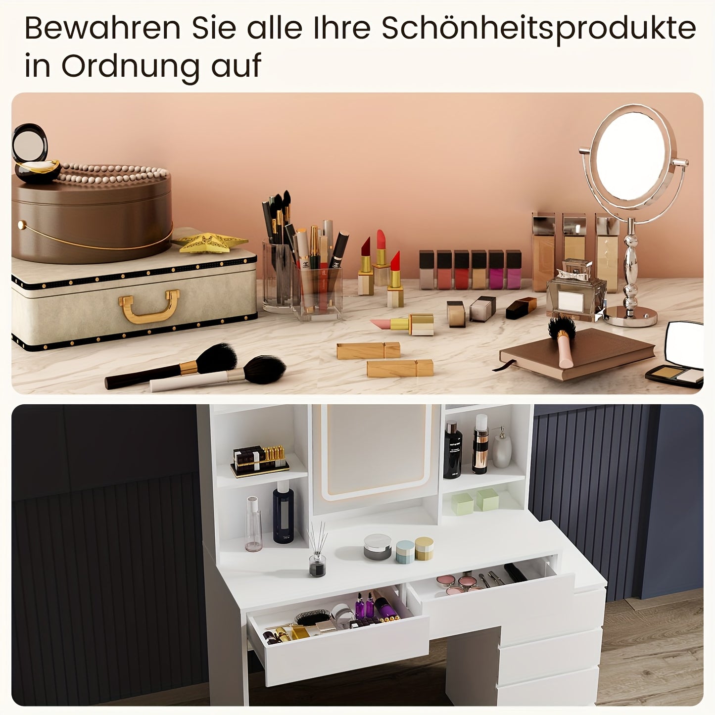 Vanity Desk – Make-up Tafel – Kaptafel – Schminktisch – Dressing Table – Verlichte Spiegel Met 3 Lichtstanden – 6 Laden Met 3 Opbergshelves – Wit – Gehard Glas