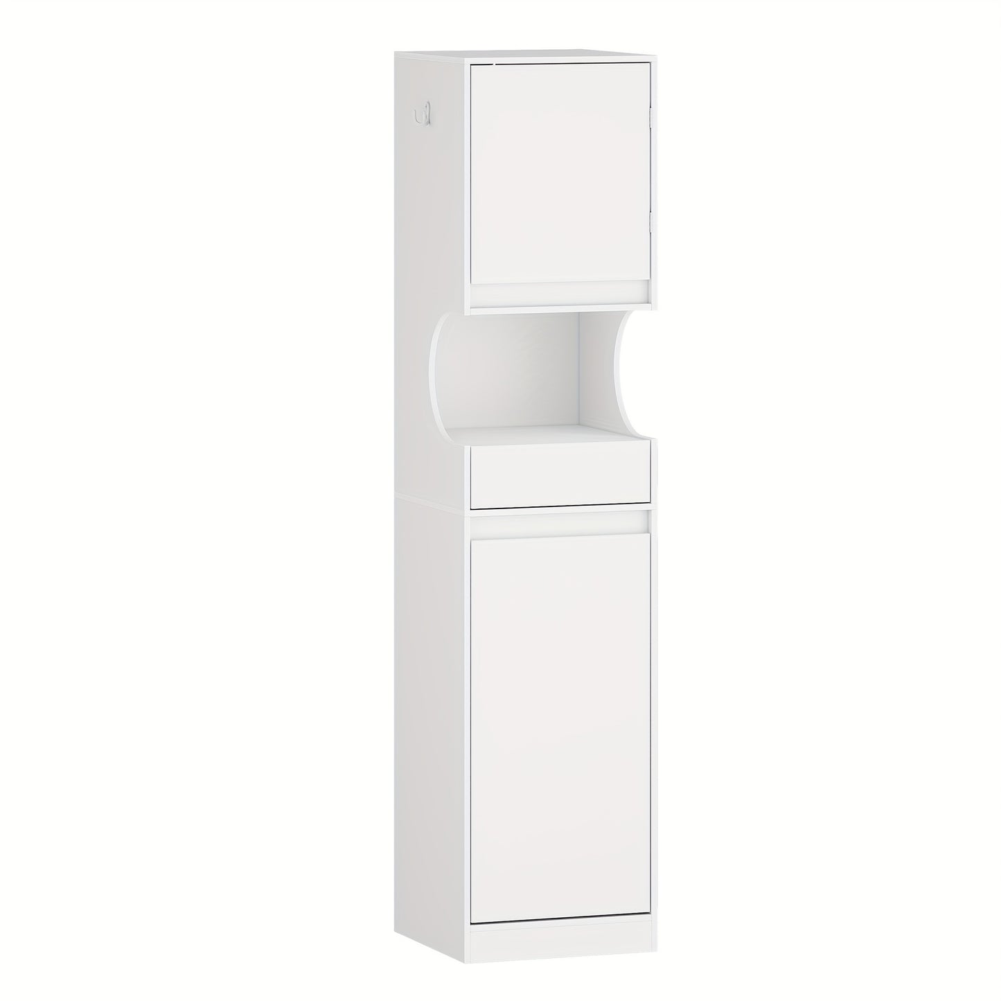 Tall White Bathroom Cabinet with Laundry Basket - Space-Saving Narrow Storage Unit, Adjustable Shelves & Sliding Doors/Drawer, Freestanding Cabinet for Small Bathrooms, -like Material, Removable Dirt-Resistant Laundry Bag (17 - QUORE