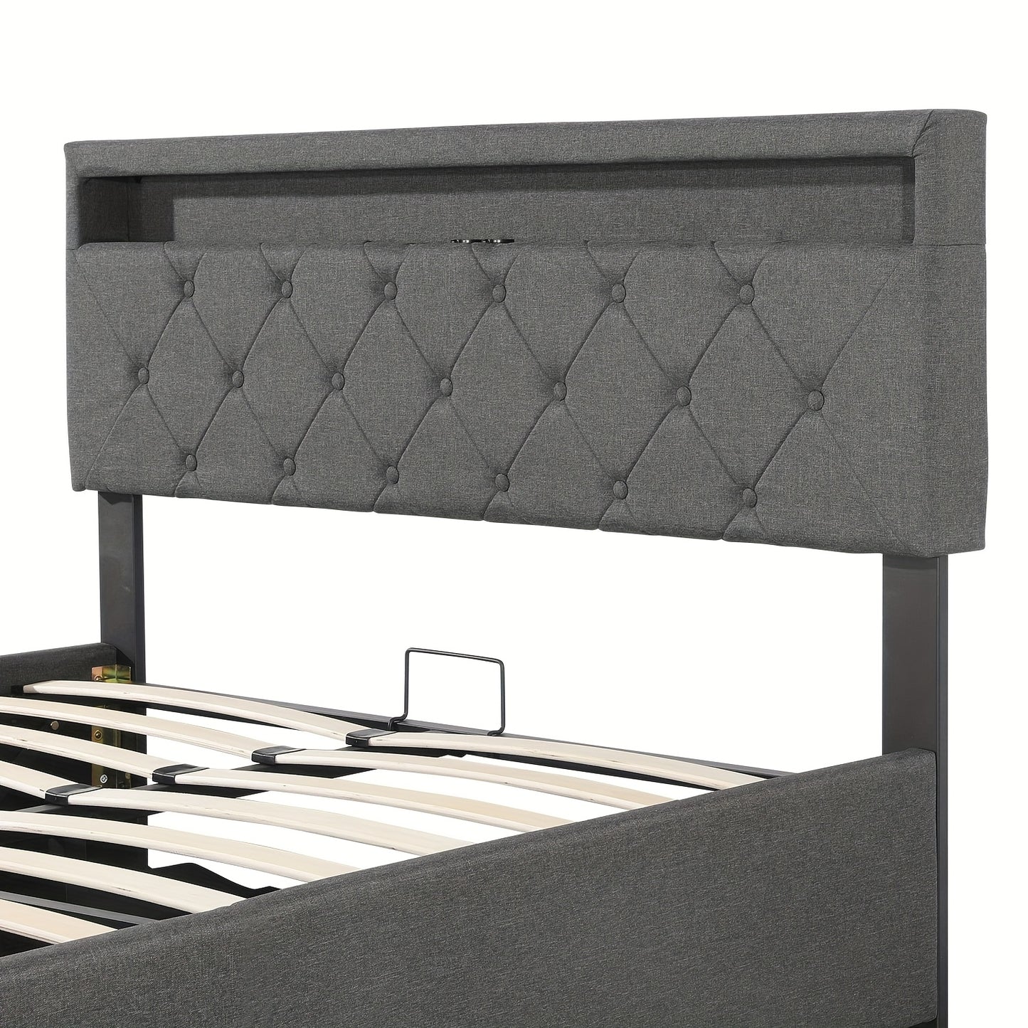 Gestoffeerd Tweepersoonsbed 140x200 cm met Opbergruimte – LED Hoofdeinde, Ottoman Hydraulisch Bedframe met Lattenbodem – Grijs, Modern en Ruimtebesparend (Exclusief Matras)