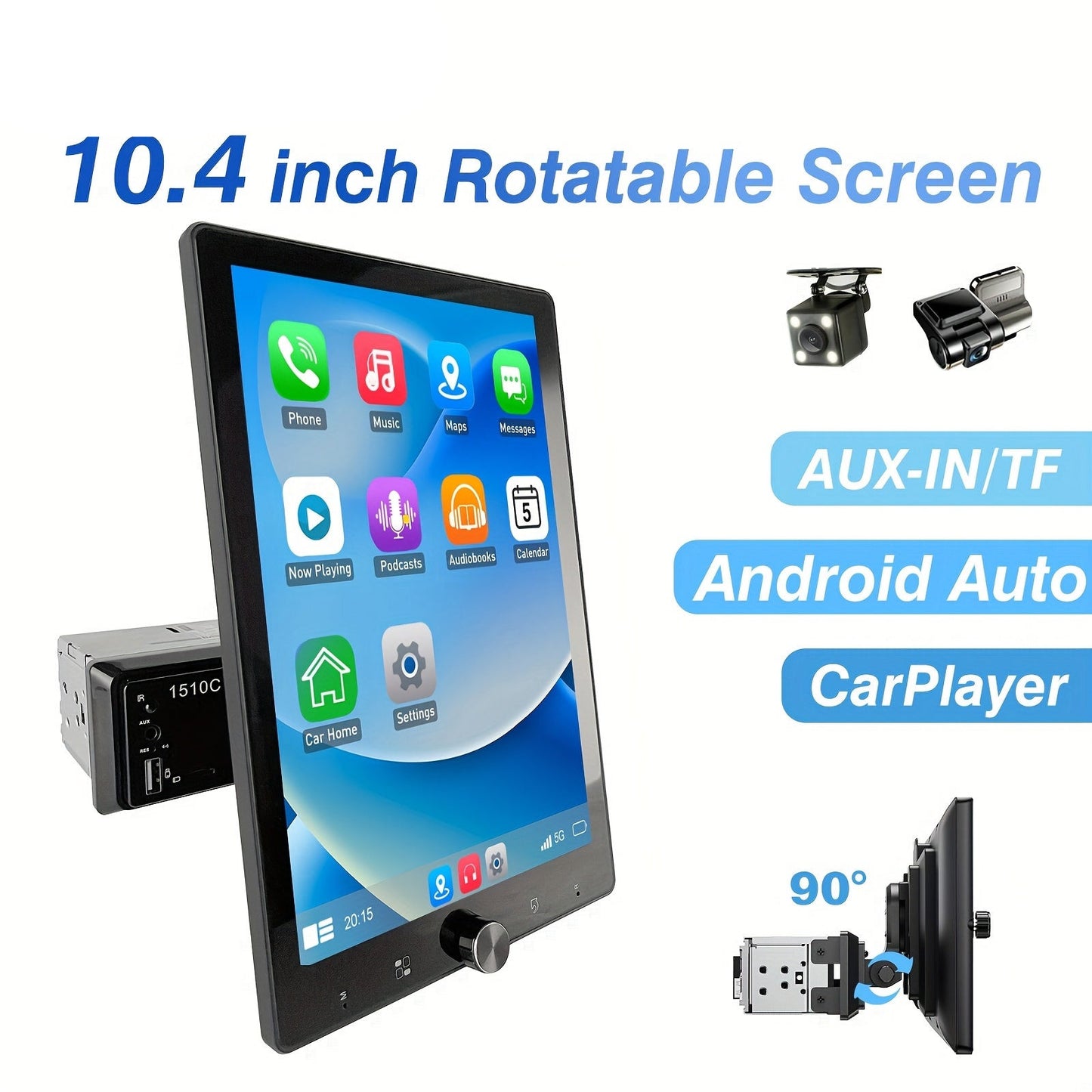 Autoradio – Car Stereo – Auto Radio – Multimedia Speler – Single DIN – 10,4 Inch Draaibaar IPS Scherm – Draadloos Apple CarPlay & Android Auto – 4LED Achteruitrijcamera & Dashcam
