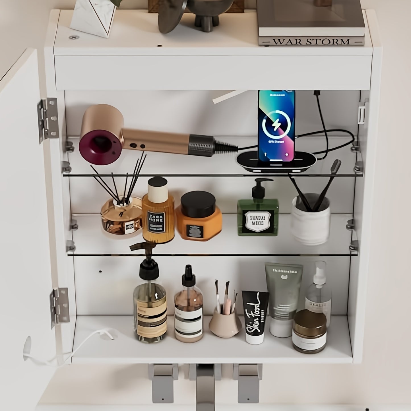 Badkamerspiegelkast – Spiegelkast – Badkamerkast – Wandkast – Opbergkast – Wit – Dubbele Deuren – Verstelbare Glazen Plank – 60 x 50 cm – Roestvrijstalen Scharnieren