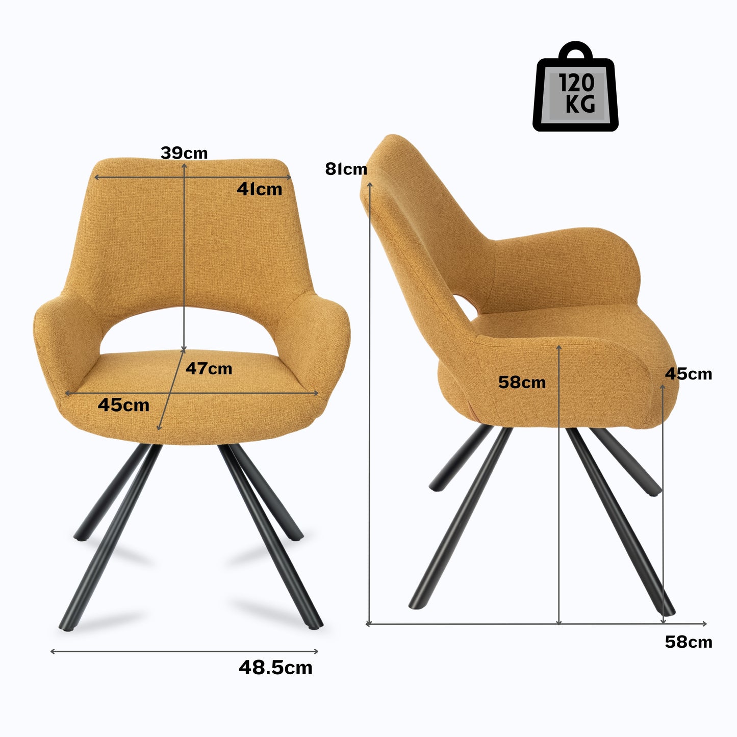 Loungestoel – Fauteuil – Zetel – Relaxstoel – Armstoel – Set van 2 – Gele Stoffering – Scandinavisch Design – Metalen Poten – Comfortabel Zitvlak