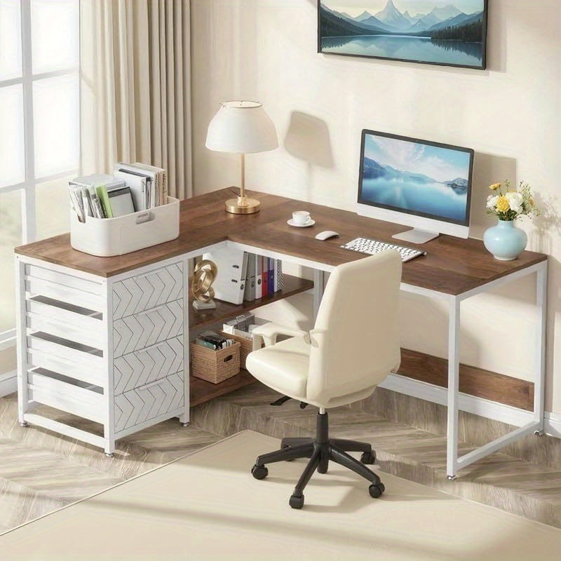 Hoekbureau – L-vormig Bureau – Werkbureau – Computerbureau – Bureau met Laden – Verstelbare Poten – Robuust Metaal Frame – Compact 150x110x75 cm – Donkerbruin Wit