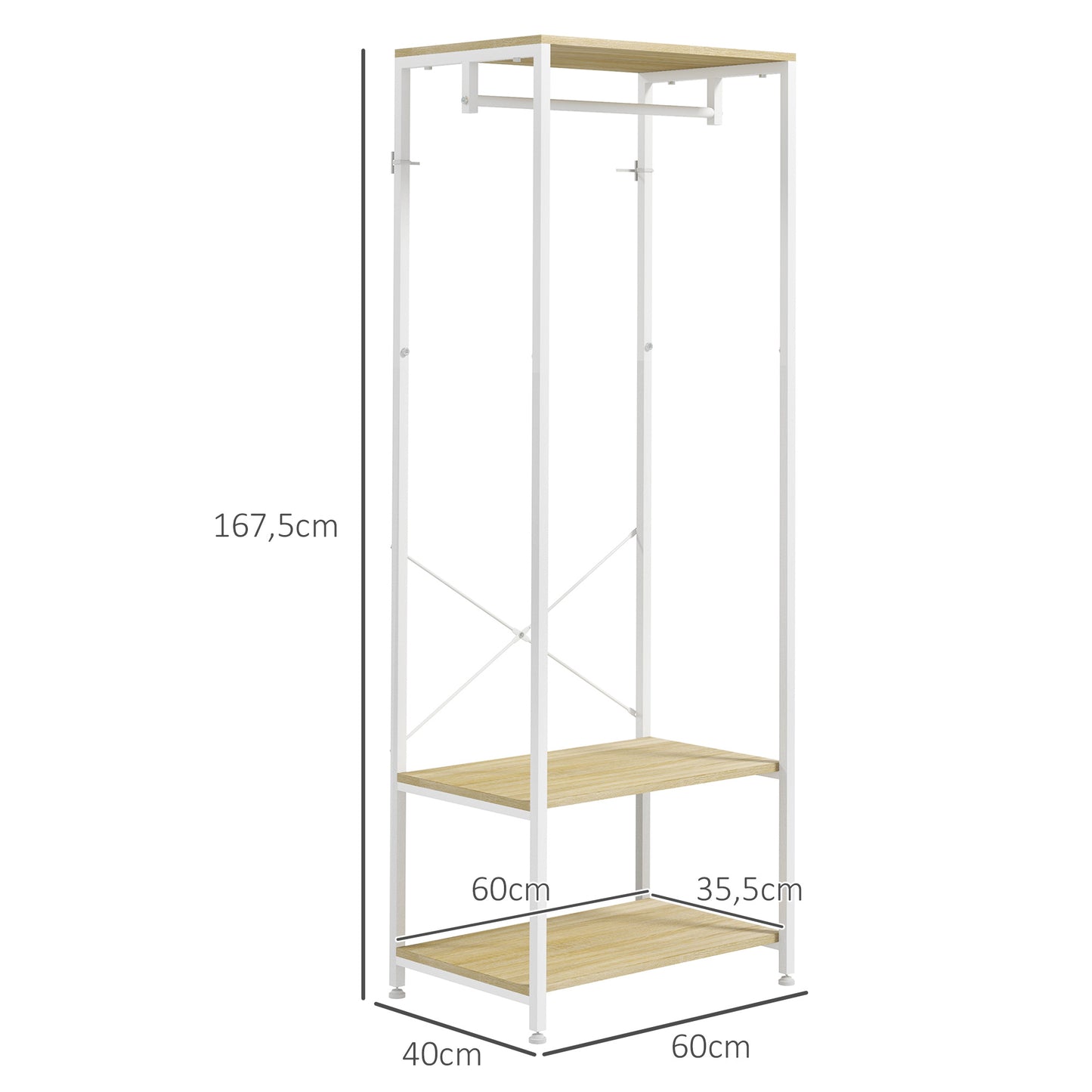 Kapstok – Schoenenrek – Jashaak – Garderoberek – Opbergmeubel – Industrieel Design – Licht Houtlook – Wit Metaal – Compact 60x40x167,5 cm – Stevig & Duurzaam