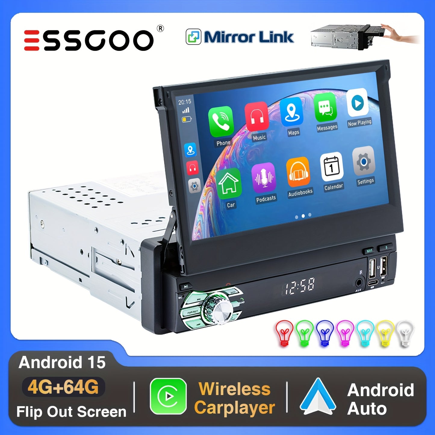 Autoradio – Multimedia Radio – Auto Stereo – DAB+ Radio – 1 DIN Unit – 7 Inch Flip-Out Touchscreen – Android 15 Met 4GB RAM & 64GB Opslag