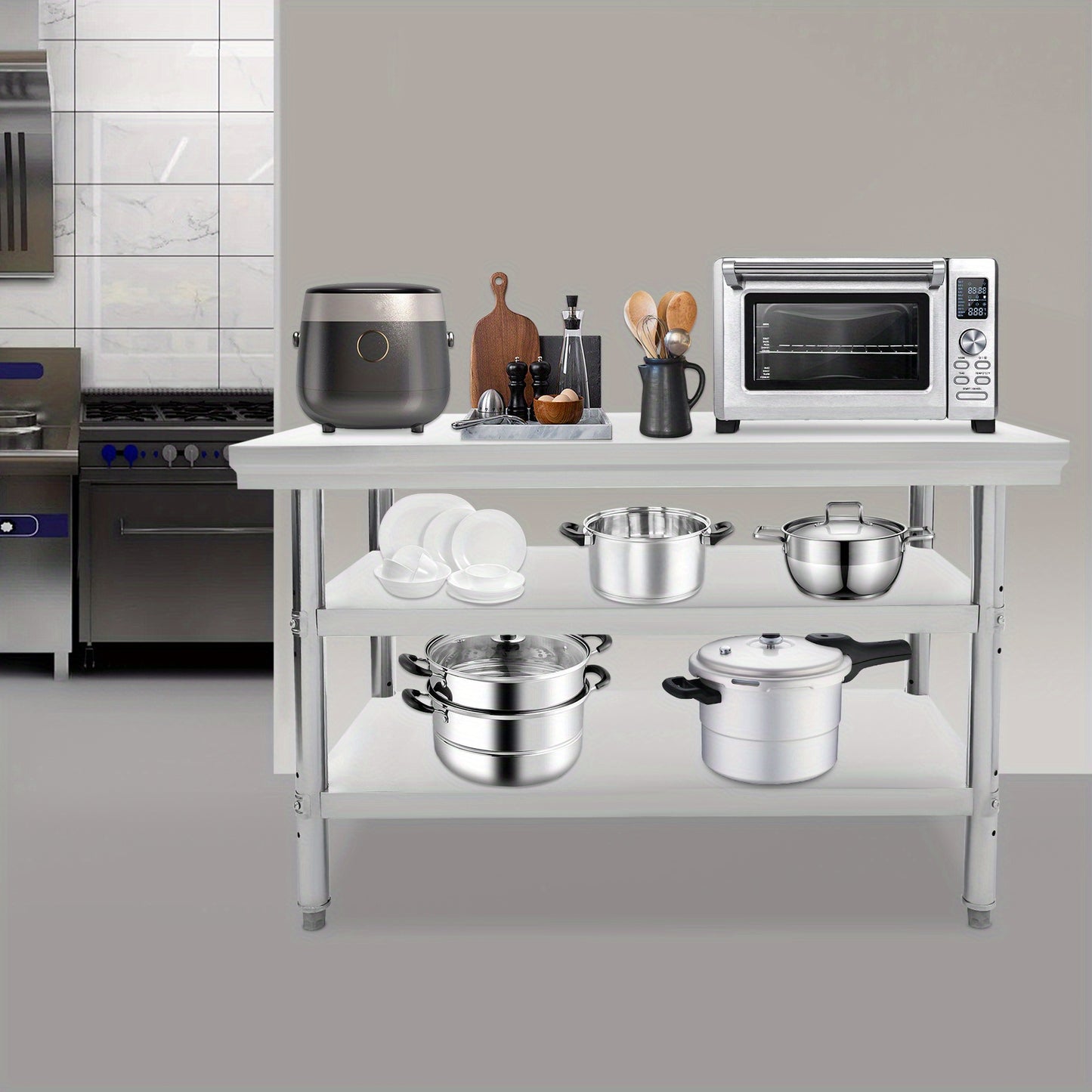 RVS Werkbank – Werktafel – Werkstation – Werkruimte – Werkoppervlak – 3 Lagen – 120x60 cm – Roestvast Staal – Verstelbare Voeten – 100 kg Draagvermogen