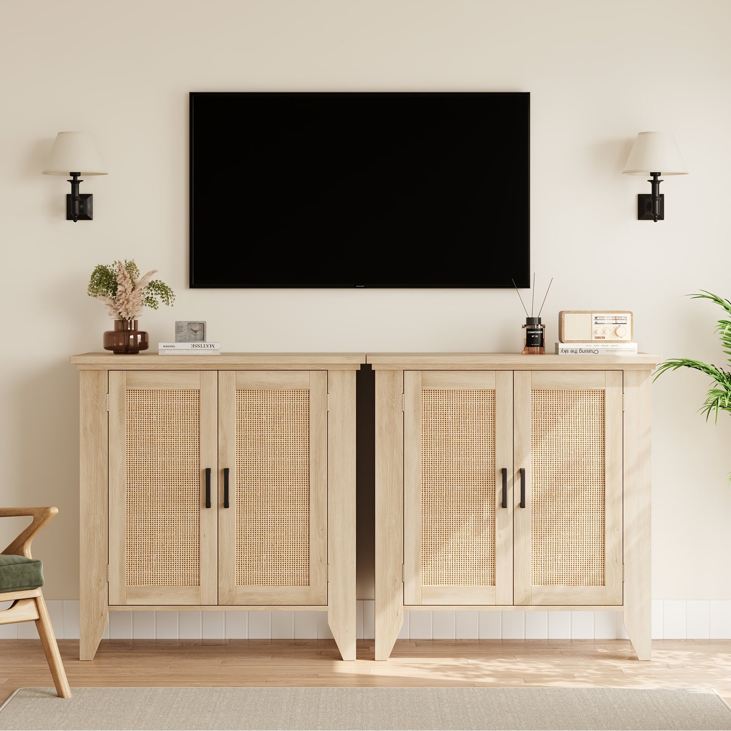 Dressoir – Buffetkast – Opbergkast – Ladekast – Woonkamerkast – Natuurlijk Rattan – Handgeweven Deuren – Stevige Constructie – Eenvoudige Montage