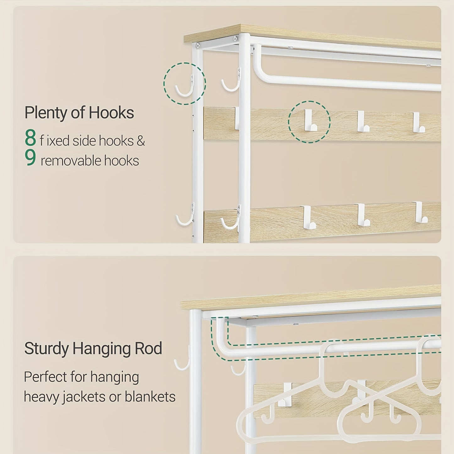 Coat Rack with Bench, Wardrobe with 3-tier Shoe Bench And 1 Drawer, 5-in-1 Clothes Rack with 17 Hooks, 1 Hanging Rod, 4-tier Side Shelves, Golden Oak-white, Coat And Hat Rack, Clothes Hanging Rack, Clothes Rack with Mirror, C