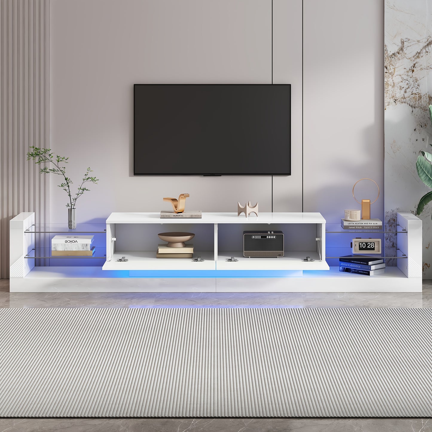 tv meubel – tv kast – tv dressoir – tv meubelen – media meubel – hoogglans wit – glazen front – 181 cm – geschikt voor tv tot 80 inch – twee klepdeuren – hout