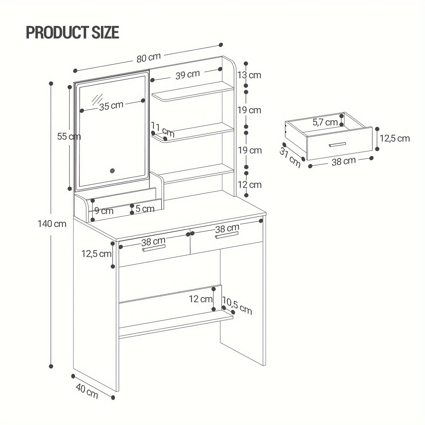 Kaptafel – Make-uptafel – Cosmeticatafel – Vanity – Opmaaktafel – LED Verlichting – 2 Lades & 2 USB Stopcontacten – Wit – 80x40x140 cm – Houtvezelplaat