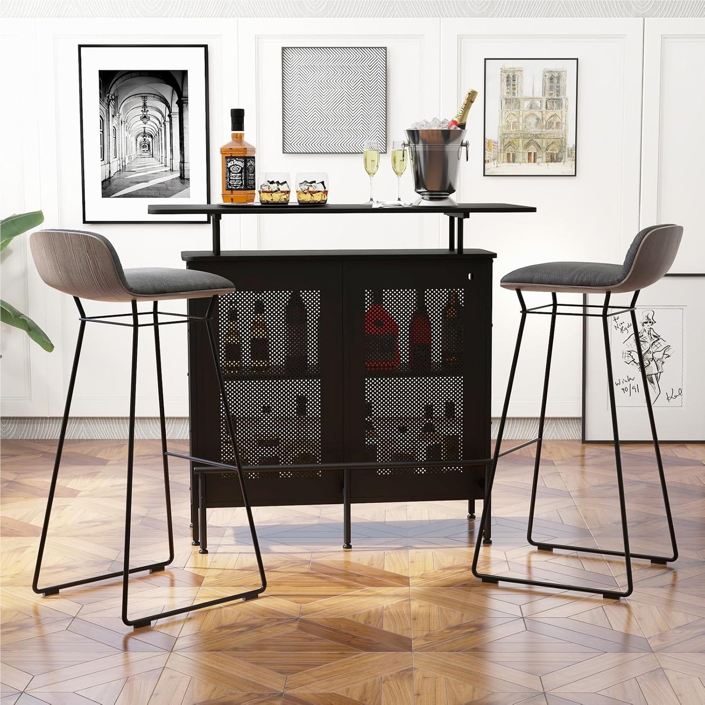 Bartafel – Barmeubel – Keukentafel – Tafel Met Opbergruimte – Zwarte Metalen Frame – Verstelbare Poten – 120 x 50 x 106,5 cm – Inclusief Voetsteun