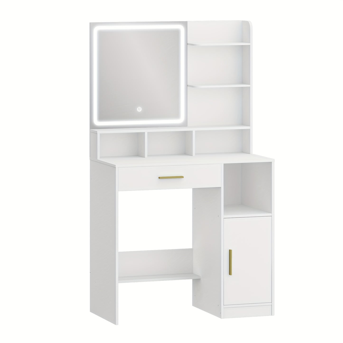 Kaptafel – Make-uptafel – Schminktisch – Dressing Table – Vanity Table – Met Spiegel en LED-Verlichting – Royale Opbergruimte met Lade en Kastjes – 3-Instelbare Lichtsterktes – Wit Hoogglans MDF