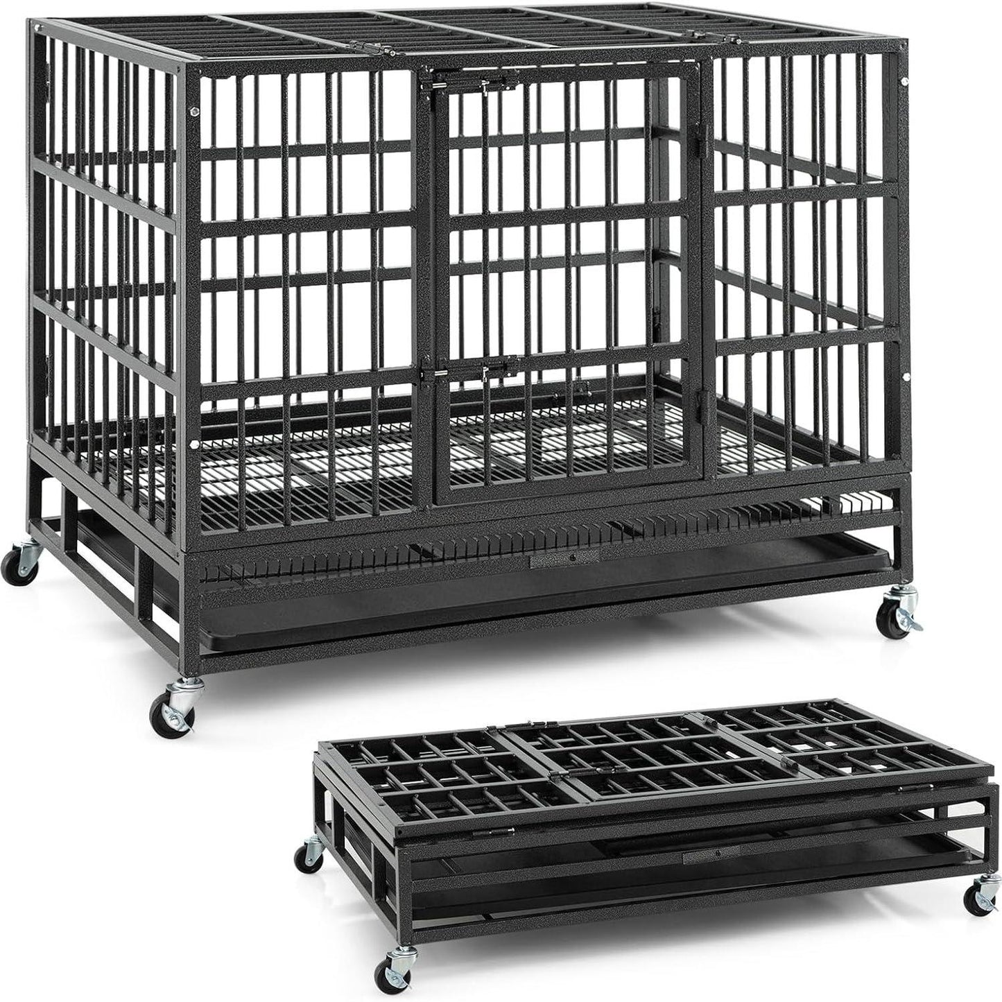 Hondenbench – Bench – Hondenkooi – Transportbench – Draadkooi – Opvouwbaar – Metaal – 2 Deuren – 4 Zwenkwielen – Uitneembare Bodem – 96 x 65 x 77 cm