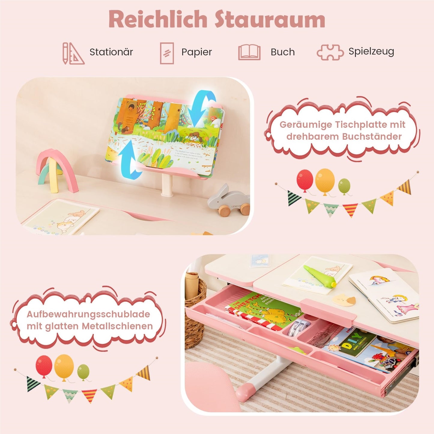 Verstelbaar Kinderbureau – Kindertafel – Studietafel – Schrijftafel – Bureau Met Lade – Hoogte Verstelbaar 51-73cm – Kantelbaar Tafelblad Met Boekenkast – Roze