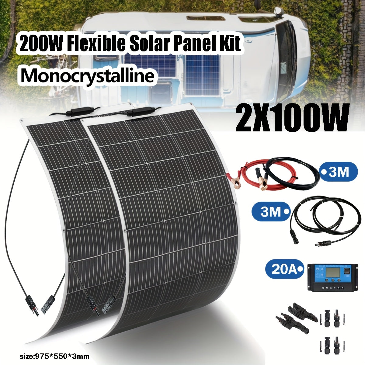 Zonnepaneel Kit – Zonnepanelen Set – Zonnepaneel Set – Zonnepaneel Systeem – 200W Flexibel Monokristallijn – 20A Laadregelaar – 12V Accu Opladen