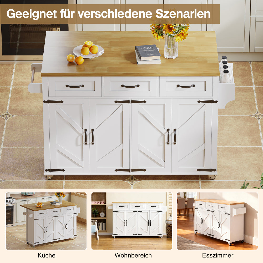 White Barn-Style Mobile Kitchen Island with Fold-Down Worktop, Lockable Doors & Drawers, Heavy-Duty Metal Frame, 4-Door with 5-Wheel Lock, Space-Saving Design for Small Kitchens (140x43x90.5cm) - Assembly Required